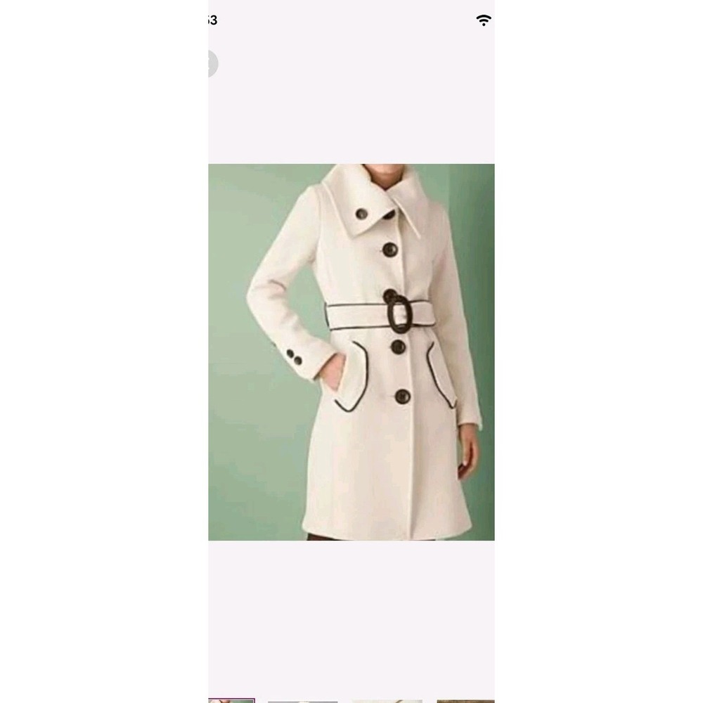 Soia & Kyo Joanna Wool Blend Textured Pea Coat Button Belted Cream Sz Small